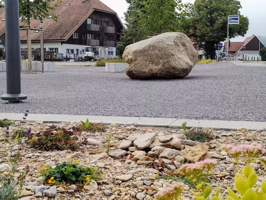 Niederbuchseiten Dorfplatz mit Findling und B&uuml;cherschrank